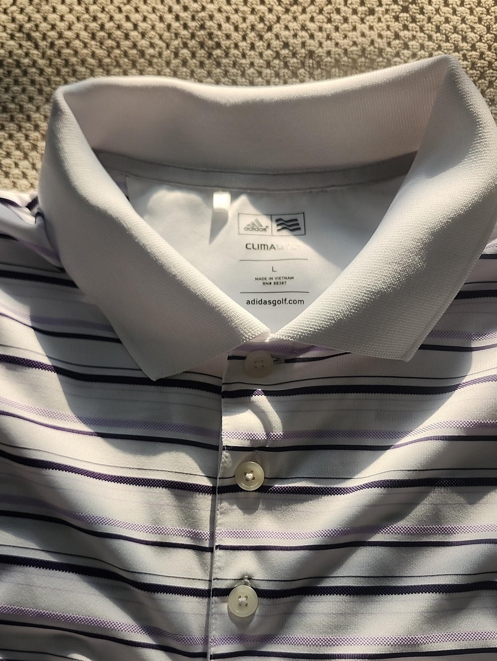 adidas White Polo with Purple & Black Stripes